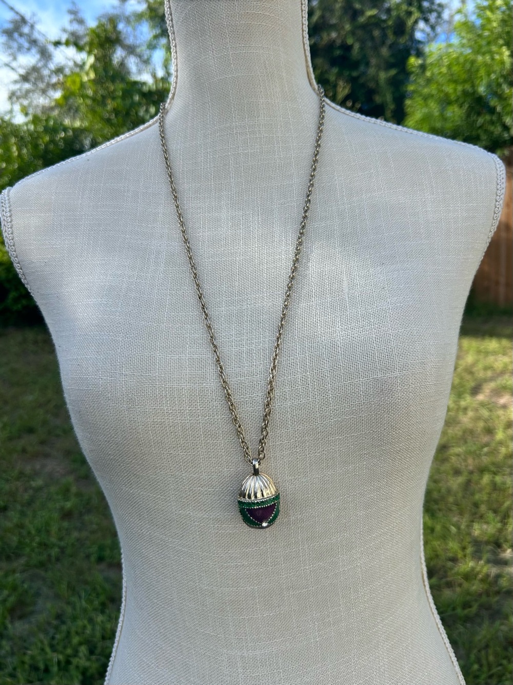 Vintage Faberge Style Egg Pendant Necklace Green Purple Enamel Rhinestone Korea